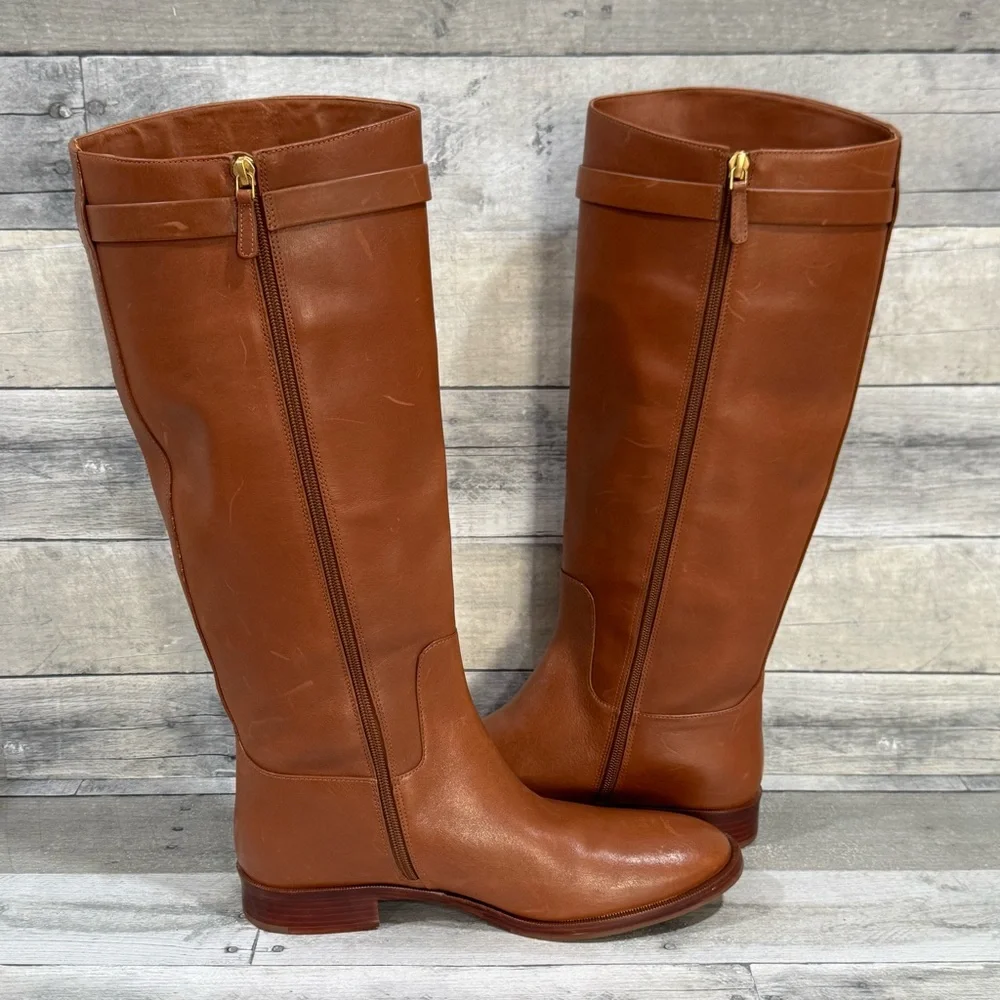 TORY BURCH EVERLY STRAP RIDING BOOTS - SIERRA TAN - SIZE - 10.5 M